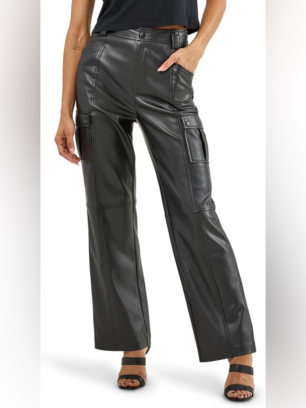 Rock & Republic Women's Vegan Leather Cargo Pant, Black, Size 10
